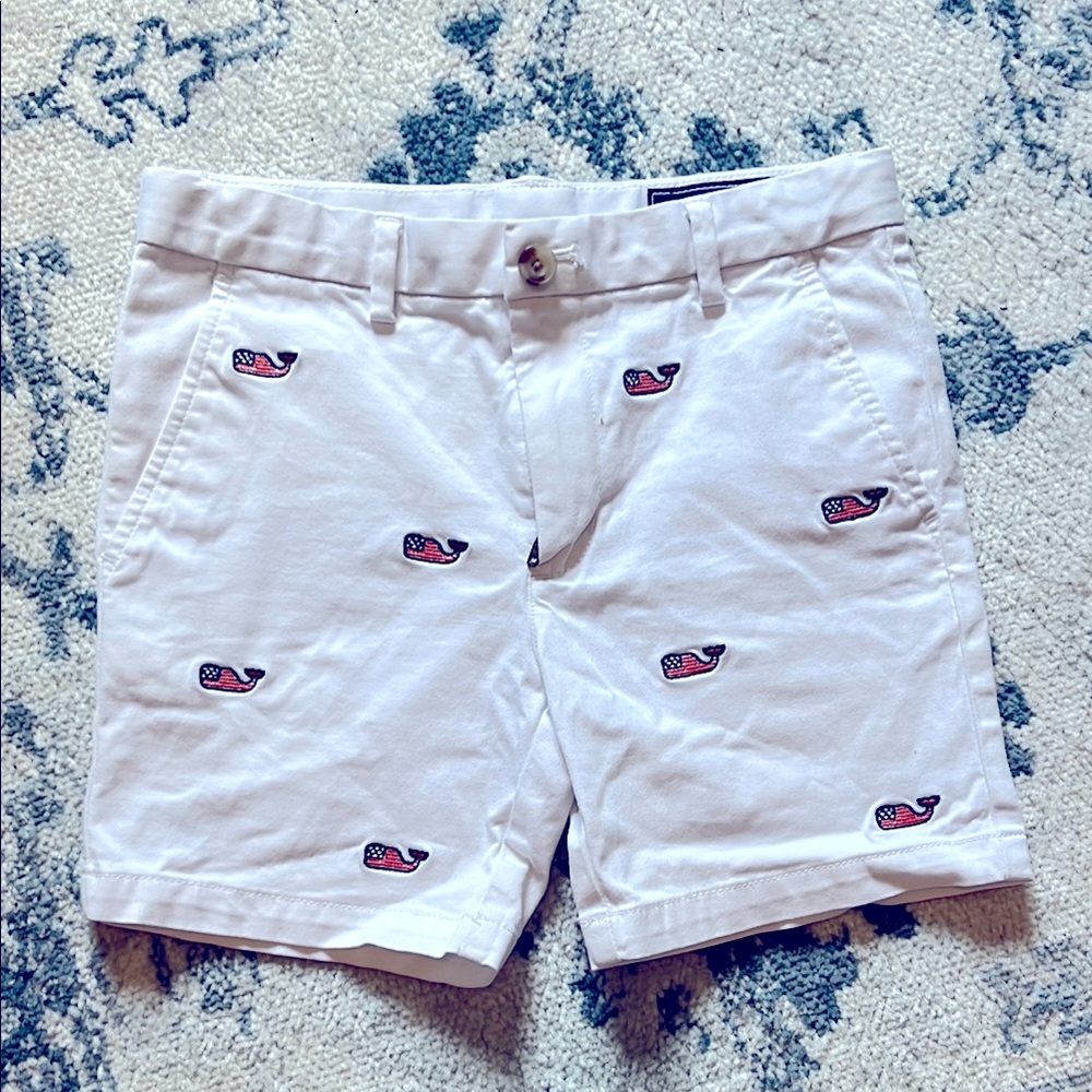 Vineyard Vines White Flat Front Shorts with Patriotic Embroidery